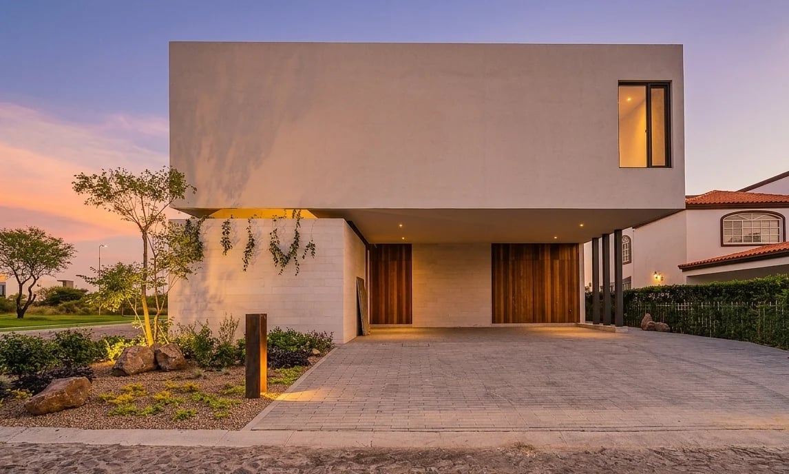 Modern white cubic house with driveway at dusk, featuring minimalist architecture and landscaped yard