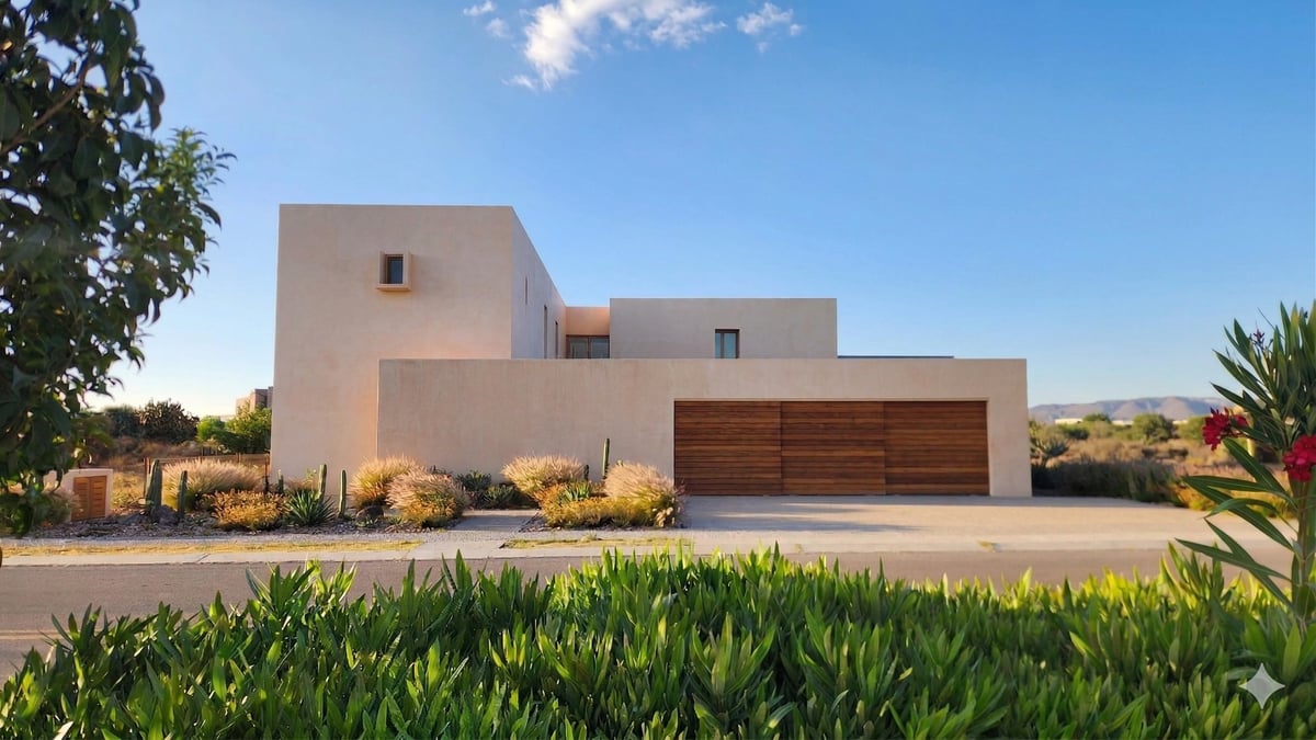 Modern minimalist house with white exterior, wooden garage door, and landscaped garden under clear blue sky