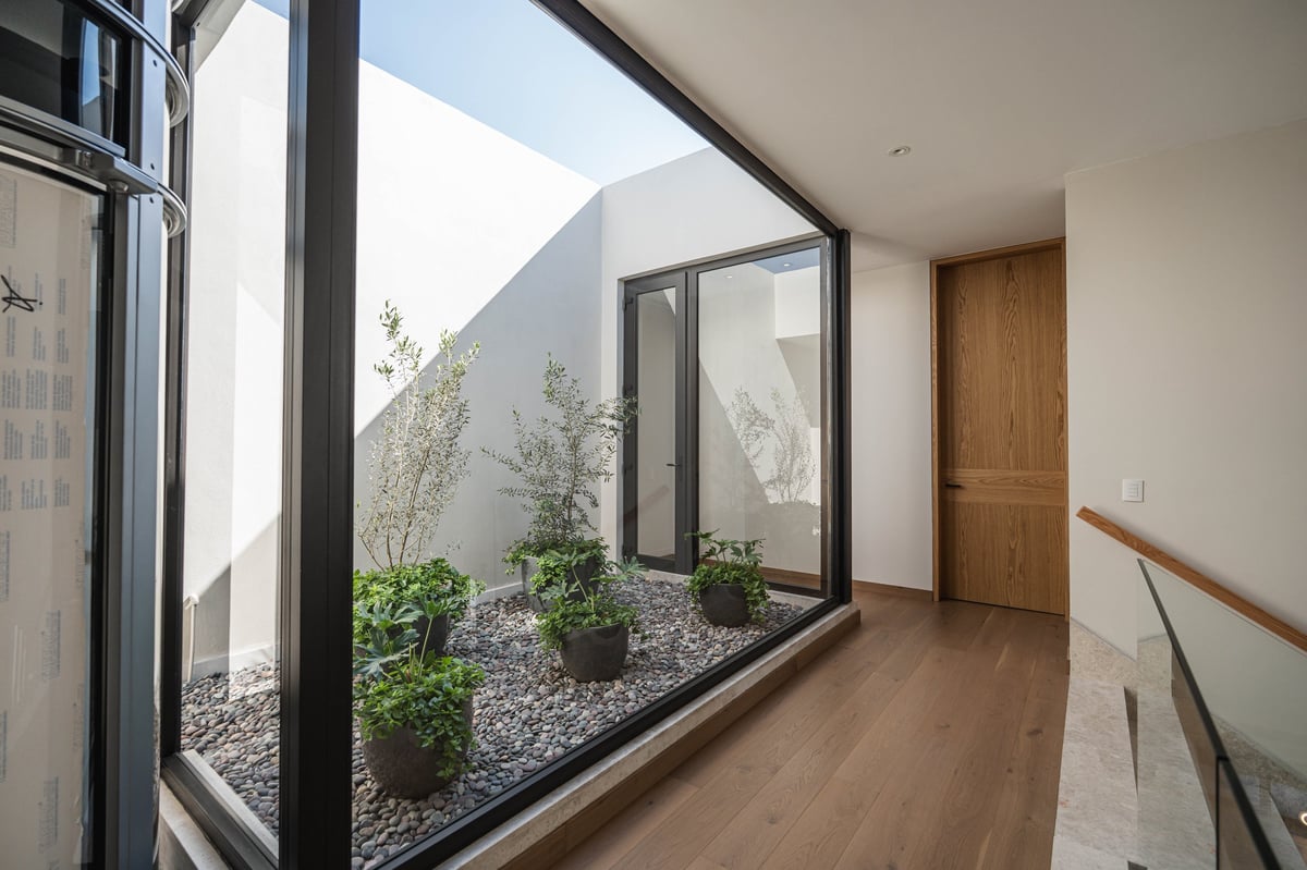 Modern hallway with wooden flooring overlooking a courtyard garden through large floor-to-ceiling windows
