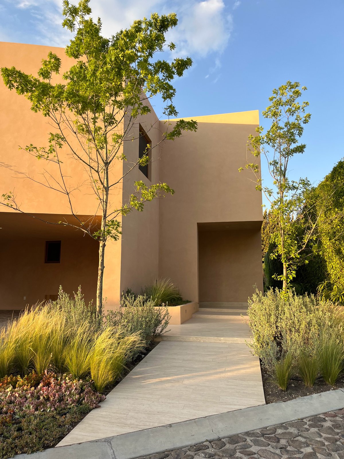 Modern geometric house with tan and gray walls, concrete pathway, and landscaping with ornamental grasses and young trees